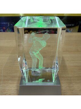 Laser Etched 3D Crystal Paperweight Man Golfing Golf Golfer 3.35"x 2"